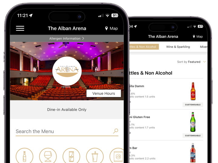 Smartphone displaying a theatre app with menu and seating layout.