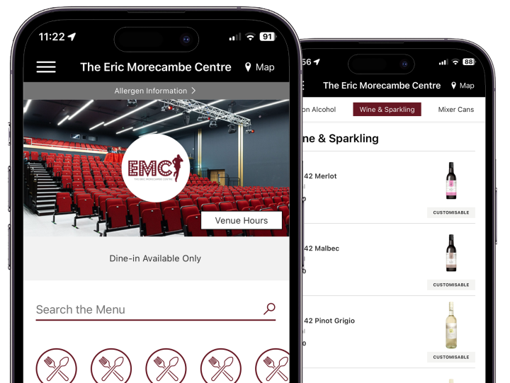 Two smartphones displaying a venue app with a theatre and wine menu sections.