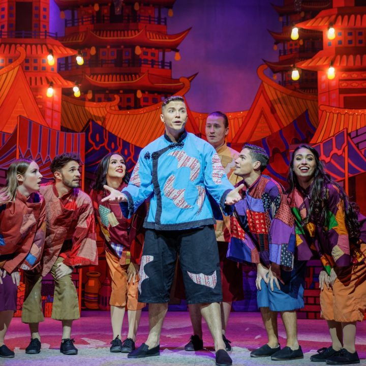 A group of performers in colourful, patchwork costumes stands together on Grove Theatre stage.