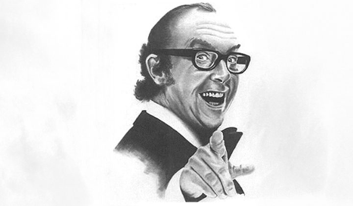 Greyscale sketch of a smiling man in glasses pointing, capturing a Harpenden vibe.