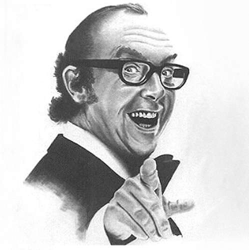 Greyscale sketch of a smiling man in glasses pointing, capturing a Harpenden vibe.