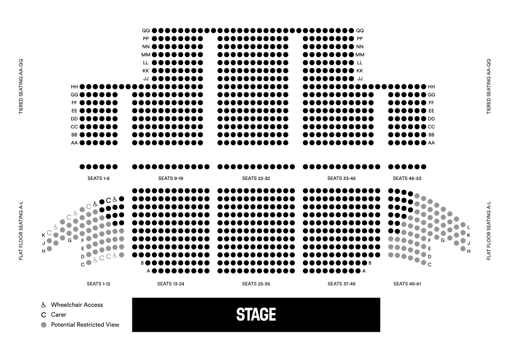 Seating chart with sections: Left Balcony, Right Balcony, Main Floor. Stage at the bottom.